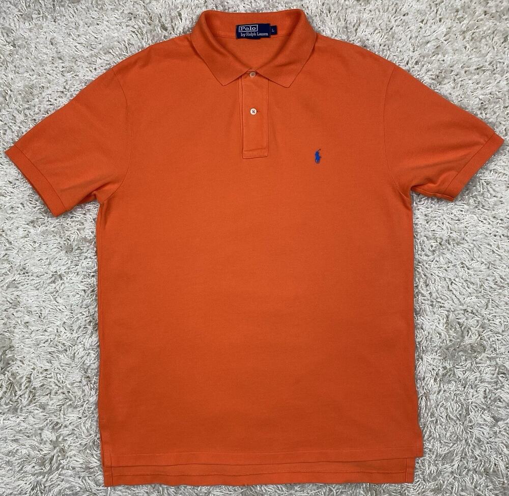 Polo Ralph Lauren Mens Large Orange Polo Shirt Blue Pony Logo Short Sleeve Golf
